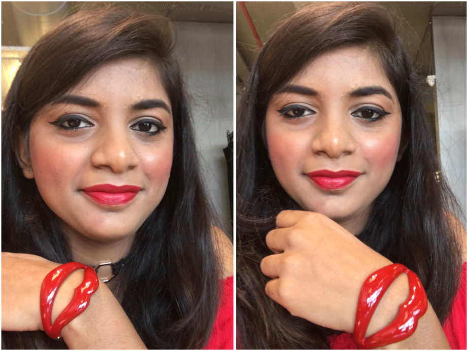 Sugar Its A Pout Time Vivid Lipstick That 70s Red Review Swatches H&M Bracelet MBF Makeup Look