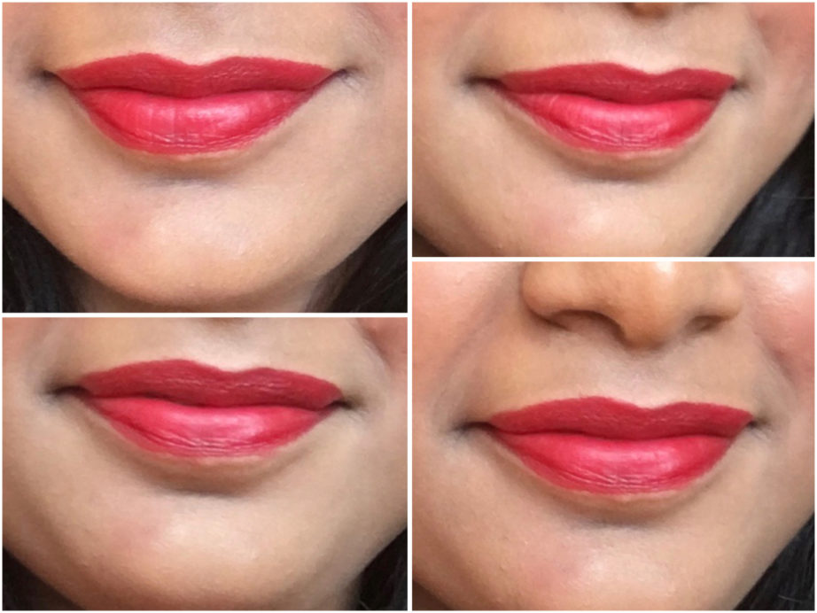 Sugar Its A Pout Time Vivid Lipstick That 70s Red Review Swatches on lips