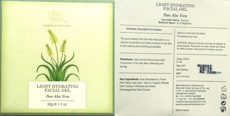 Forest Essentials Light Hydrating Facial Gel Pure Aloe Vera Review Ingredients