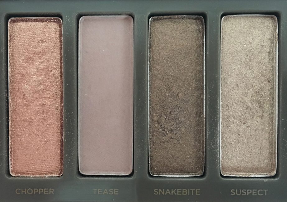 Urban Decay Naked 2 Eyeshadow Palette Review Swatches closeup chopper tease snakebite suspect
