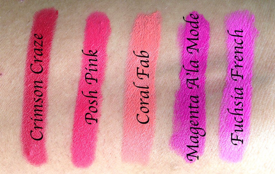   All Lotus Ecostay Crème Lip Crayon Lipsticks Shades Review, Swatches L to R Crimson Craze, Posh Pink, Coral Fab, Magenta A'La Mode, Fuchsia French