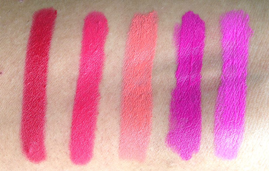   All Lotus Ecostay Crème Lip Crayon Lipsticks Shades Review, Swatches L to R Crimson Craze, Posh Pink, Coral Fab, Magenta A'La Mode, Fuchsia French MBF