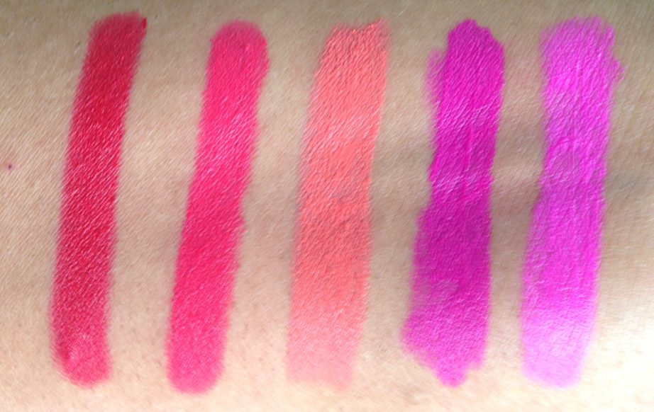   All Lotus Ecostay Crème Lip Crayon Lipsticks Shades Swatches L to R Crimson Craze, Posh Pink, Coral Fab, Magenta A'La Mode, Fuchsia French 