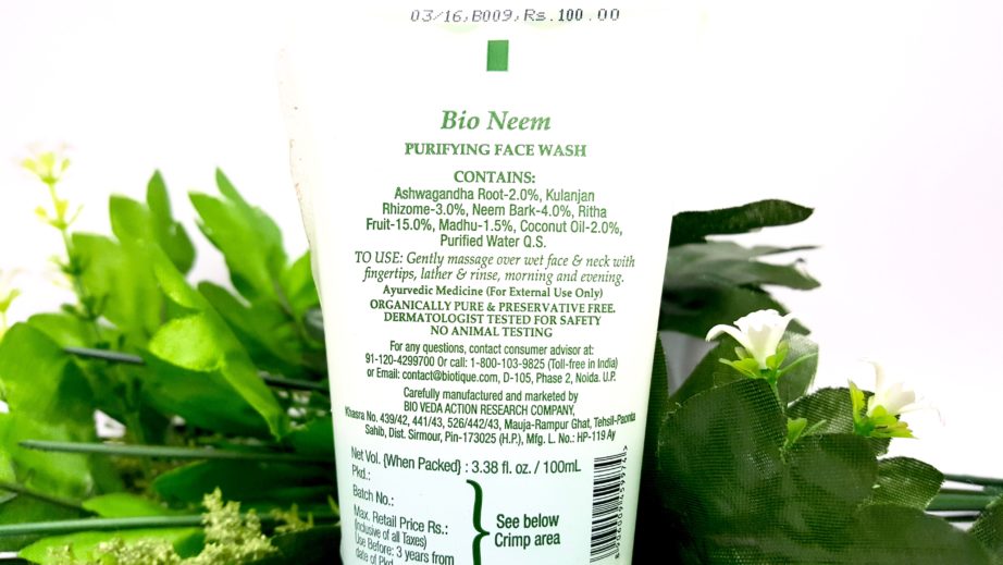 Biotique Bio Neem Purifying Face Wash Review Ingredients