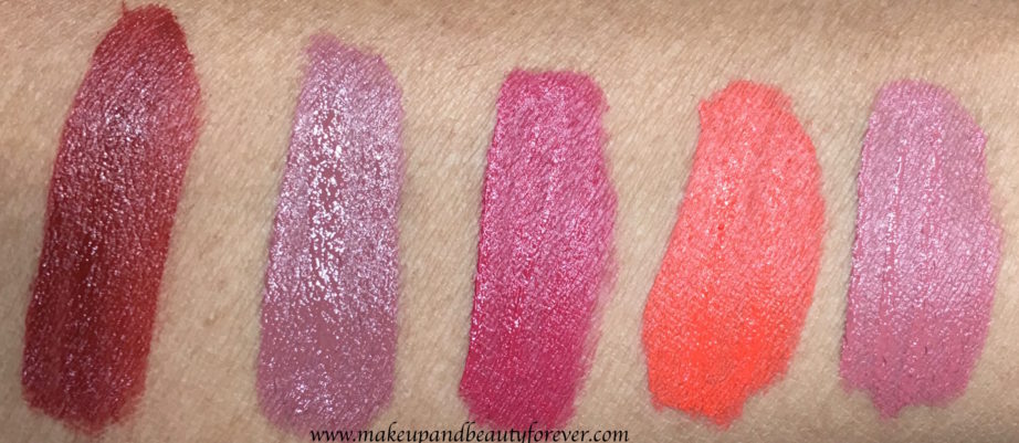 All Lakme 9 to 5 Weightless Matte Mousse Lip & Cheek Color Shades Swatches Burgundy Lush, Coffee Lite, Plum Feather, Tangerine Fluff, Blush Velvet