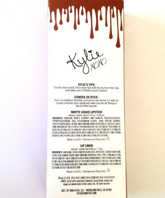 Kylie Dolce K Matte Lip Kit Review, Swatches Back of Box