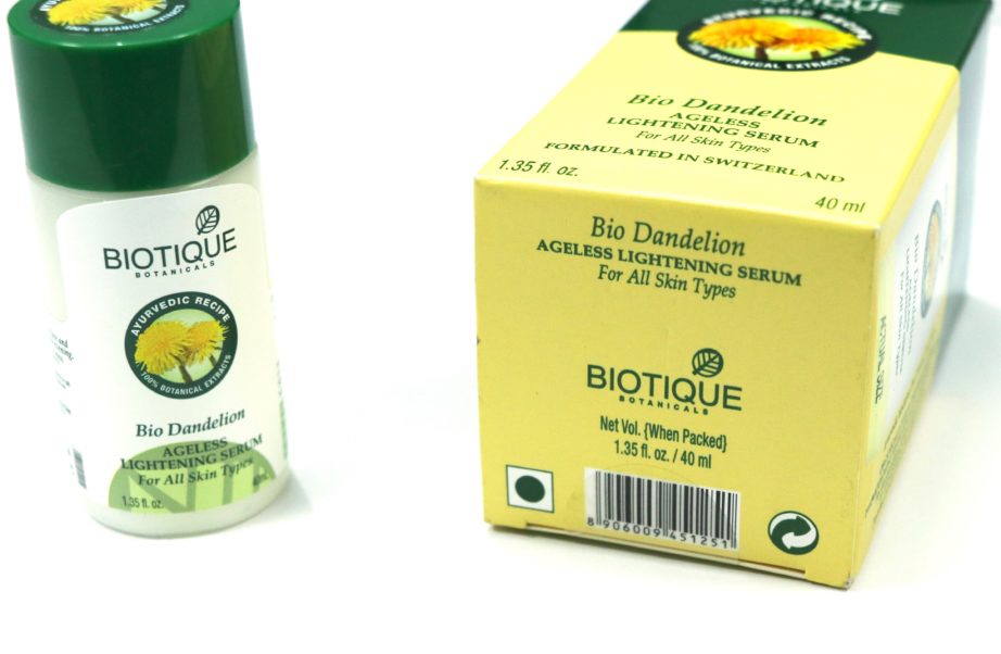Biotique Bio Dandelion Ageless Lightening Serum Review, Swatches Box bottom