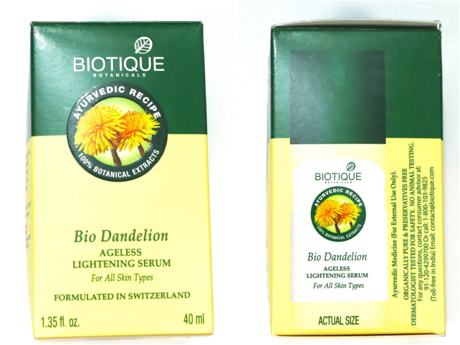 Biotique Bio Dandelion Ageless Lightening Serum Review, Swatches Front Side