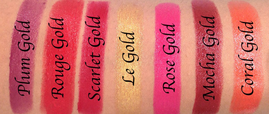 All L'Oreal Color Riche Gold Obsession Lipsticks 7 Shades Review, Swatches Plum Gold, Rouge Gold, Scarlet Gold, Le Gold, Rose Gold, Mocha Gold, Coral Gold L to R