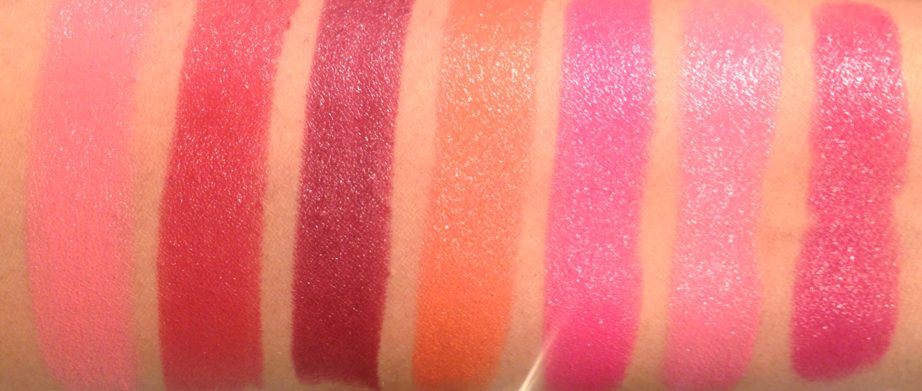 All Lakme Absolute Argan Oil Lip Color Lipsticks 15 Shades Swatches Juicy Plum, Dewy Orange, Lush Rose, Silky Blush, Pink Satin
