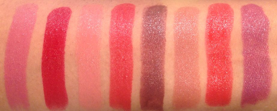All Lakme Absolute Argan Oil Lip Color Lipsticks 15 Shades Swatches Soft Mauve, Crimson Silk, Soft Nude, Ruby Velvet, Deep Brown, Buttery Caramel, Drenched Red, Soaked Berries