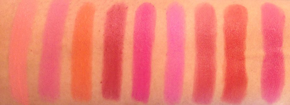 All Maybelline Powder Matte Lipsticks Shades Review, Swatches Make me Blush, Technically pink, Orange Shot, Plum Perfection, Pink Shot, Cherry Chic, Get Red dy, Up to Date L to R