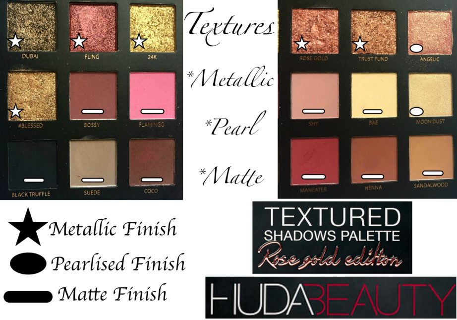 Huda Beauty Rose Gold Textured Shadows Palette Review, Swatches All Shades Finish Metallic Pearl Matte