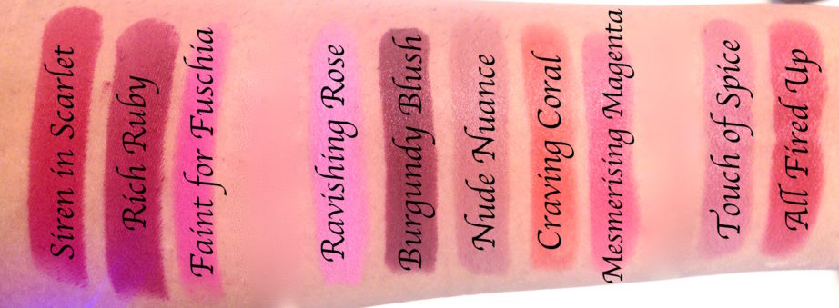 All Maybelline Creamy Matte Lipsticks Shades Review, Swatches Siren in Scarlet, Rich Ruby, Faint for Fuschia, Ravishing Rose, Burgundy Blush