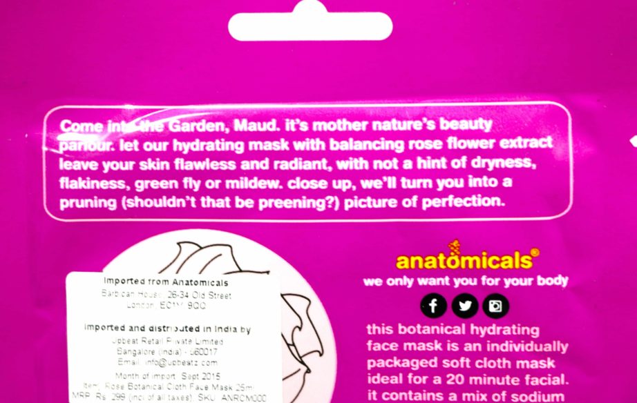 Anatomicals Botanical Hydrating Rose Face Mask Cloth Review Info