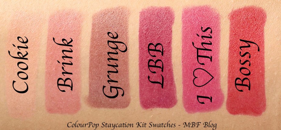 ColourPop Staycation Matte Lippie Stix Kit Review, Swatches Cookie, Brink, Grunge, LBB, I Heart This, Bossy L to R