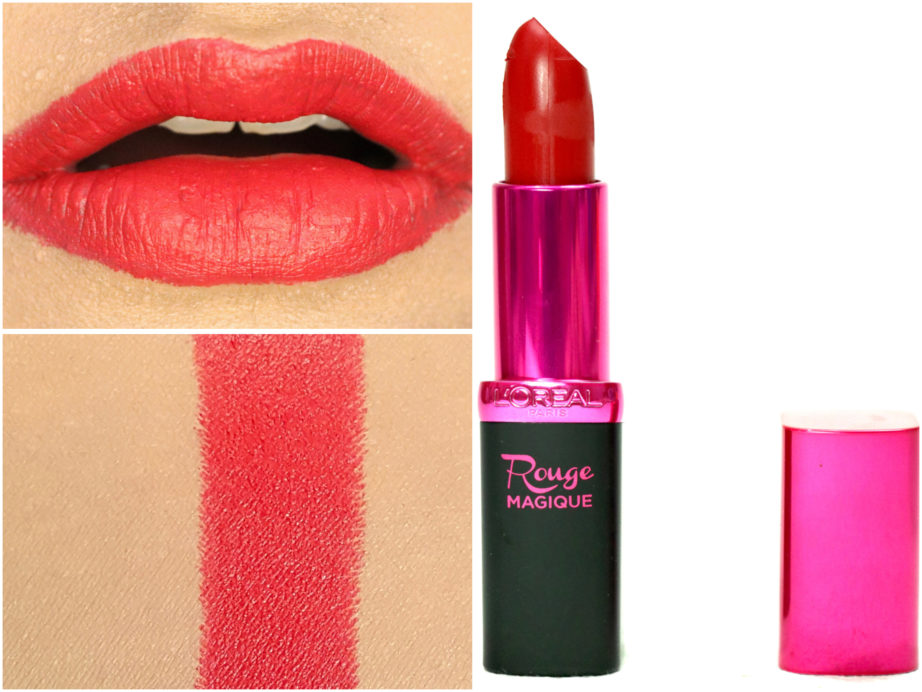 L'Oreal Paris Rouge Magique Lipstick Scarlet Déjà vu 911 Review, Swatches