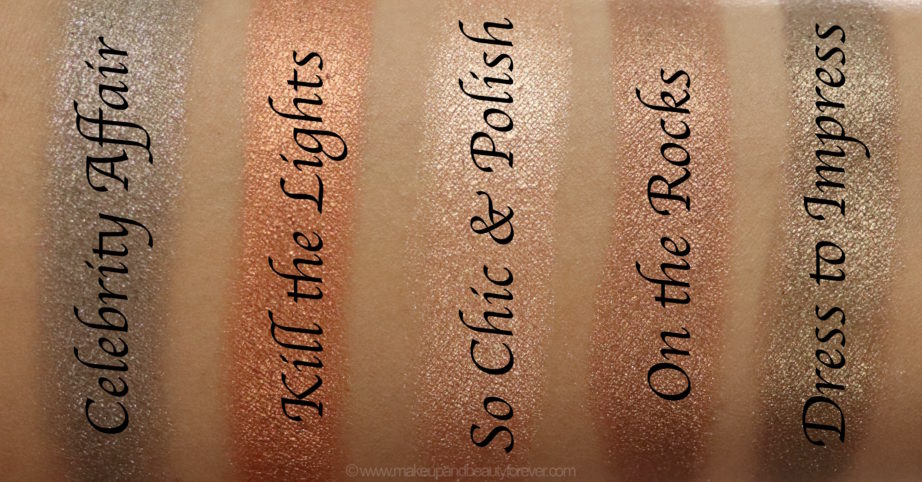 Morphe Pressed Pigments Swatches Celebrity Affair, Kill the Lights, So Chic & Polish, On the Rock, Dress to Impress skin