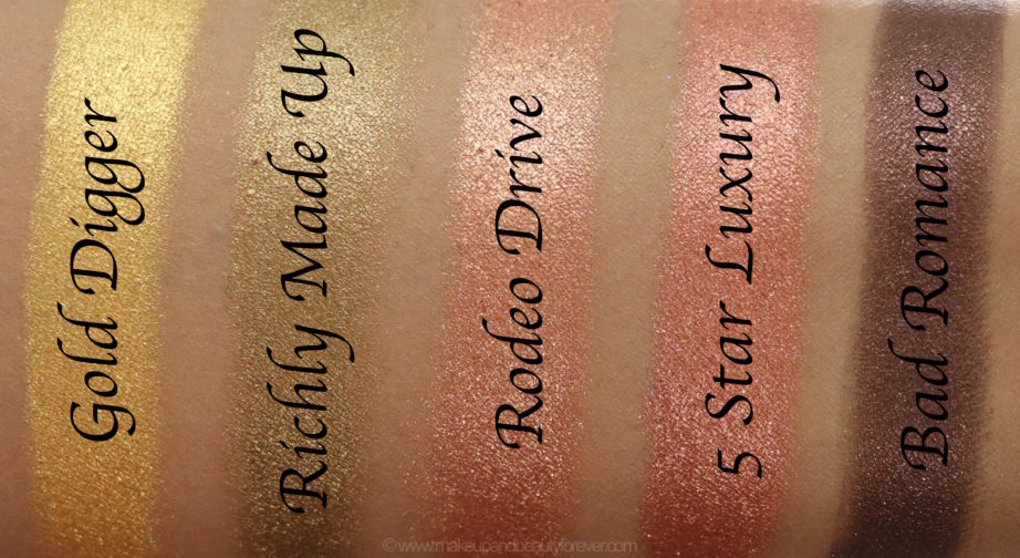 Morphe Pressed Pigments Swatches Gold Digger, Richly Made Up, Rodeo Drive, 5 Star Luxury, Bad Romance L to R