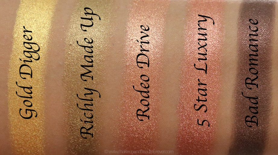Morphe Pressed Pigments Swatches Gold Digger, Richly Made Up, Rodeo Drive, 5 Star Luxury, Bad Romance skin