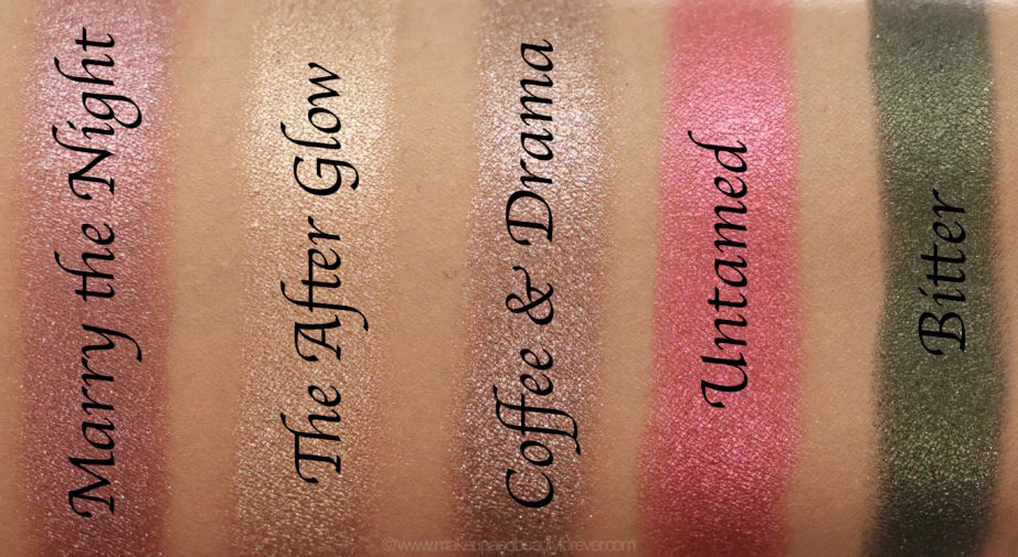 Morphe Pressed Pigments Swatches Marry the Night, The After Glow, Coffee & Drama, Untamed, Bitter skin