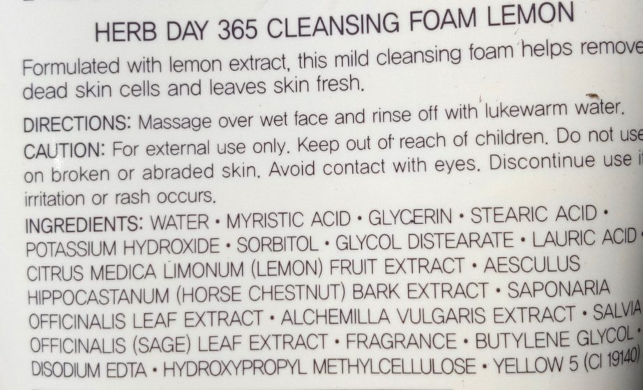 The Face Shop Herb Day 365 Cleansing Foam Lemon Review Ingredients
