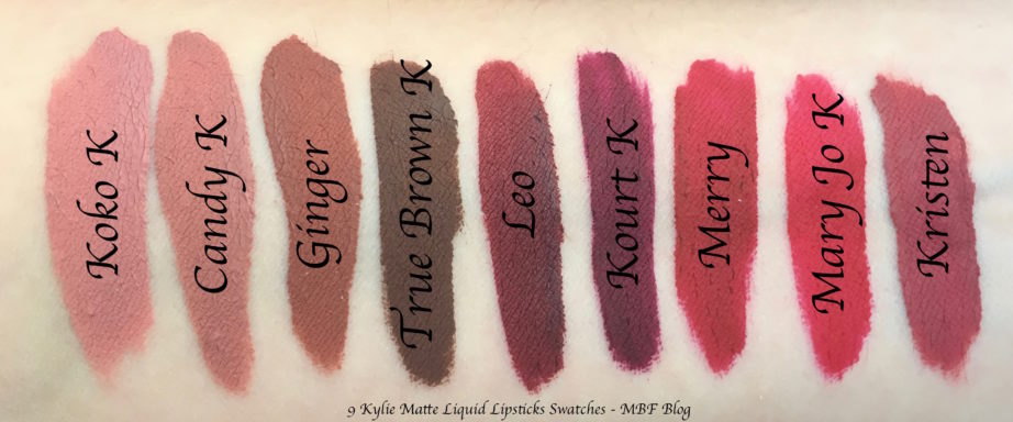 9 Kylie Matte Liquid Lipsticks Shades Review, Swatches Koko K, Candy K, Ginger, True Brown K, Leo, Kourt K, Merry, Mary Jo k, Kristen