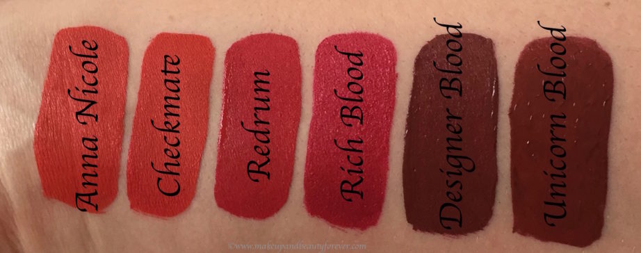 All Jeffree Star Velour Liquid Lipsticks Shades Review, Swatches Anna Nicole, Checkmate, Redrum, Rich Blood, Designer Blood, Unicorn Blood
