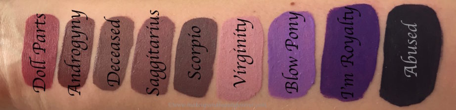 All Jeffree Star Velour Liquid Lipsticks Shades Review, Swatches Doll Parts, Androgyny, Deceased, Sagittarius, Scorpio, Virginity, Blow Pony, I'm Royalty, Abused