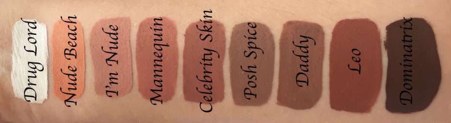 All Jeffree Star Velour Liquid Lipsticks Shades Review, Swatches Drug lord, Nude Beach, I'm Nude, Mannequin, Celebrity Skin, Posh Spice, Daddy, Leo, Dominatrix