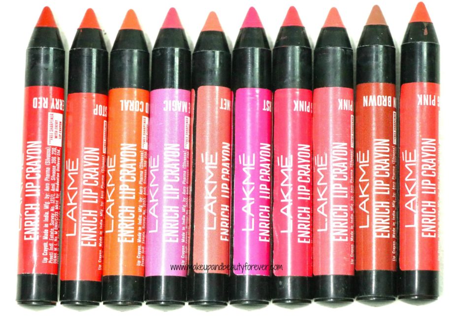 All Lakme Enrich Lip Crayons 10 Shades Review, Swatches Berry Red, Red Stop, Candid Coral, Mauve Magic, Peach Magnet, Pink Burst, Shocking Pink, Baby Pink, Cinnamon Brown, Blushing Pink Closeup