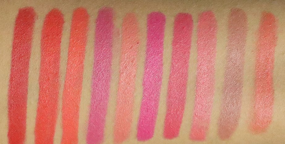 All Lakme Enrich Lip Crayons 10 Shades Review, Swatches Berry Red, Red Stop, Candid Coral, Mauve Magic, Peach Magnet, Pink Burst, Shocking Pink, Baby Pink, Cinnamon Brown, Blushing Pink MBF