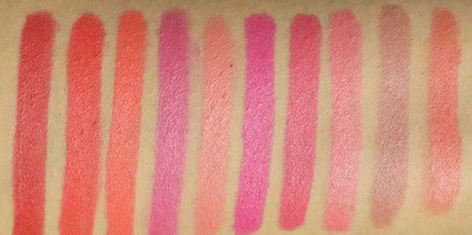 All Lakme Enrich Lip Crayons 10 Shades Review, Swatches Berry Red, Red Stop, Candid Coral, Mauve Magic, Peach Magnet, Pink Burst, Shocking Pink, Baby Pink, Cinnamon Brown, Blushing Pink MBF Blog