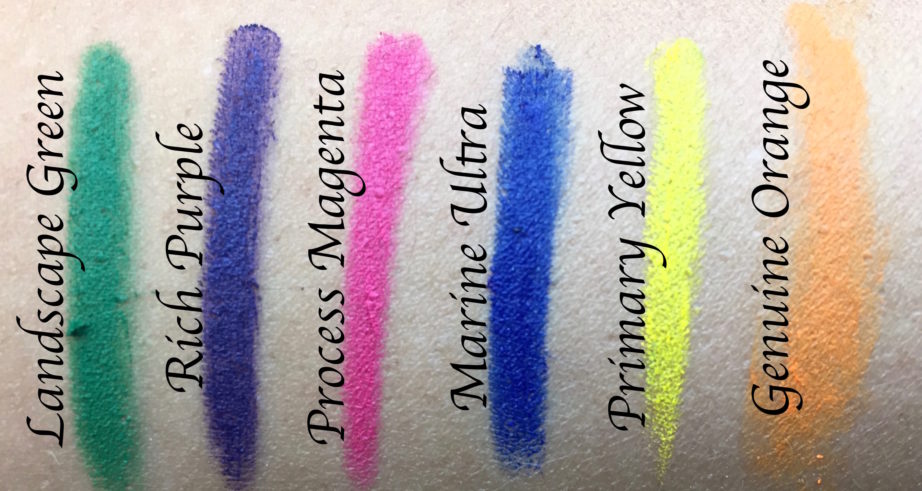 All MAC Work It Out Chromagraphic Pencils Shades Review, Swatches Landscape Green, Rich Purple, Process Magenta, Marine Ultra, Primary Yellow, Genuine Orange MBF