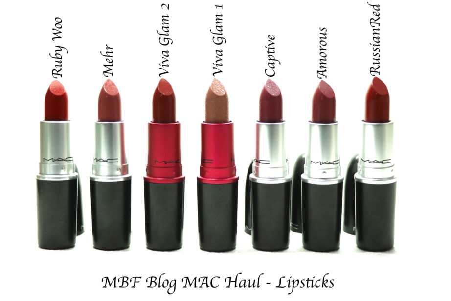 MAC Lipsticks Ruby Woo, Mehr, Viva Glam 2, Viva Glam 1, Captive, Amorous, Russian Red