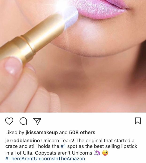 Too Faced Jerrod Blandino Instagram Picture Shading Tarte with Unicorn Tears Lipstick of Chloe Morello