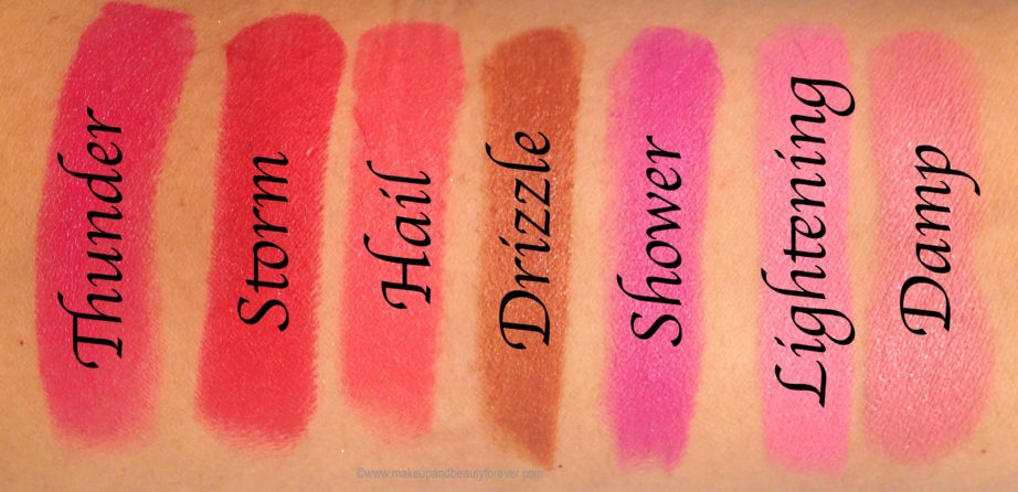 All Colorbar Feel The Rain Matte Lipsticks 7 Shades Review, Swatches Thunder 01 Storm 02 Lightening 03 Drizzle 04 Shower 05 Damp 06 Hail 07 MBF Blog