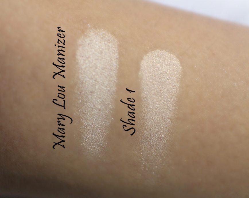 Faresat 4 in 1 Baking Powder Highlighter Palette Review, Swatches vs mary lou manizer