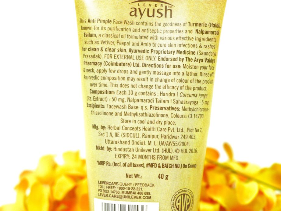 Lever Ayush Anti Pimple Turmeric Face Wash Review details