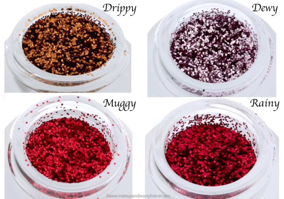 All Colorbar Feel The Rain Twinkling Glitter 4 Shades Review, Swatches Drippy Golden Dewy Silver Muggy Pink Rainy Red