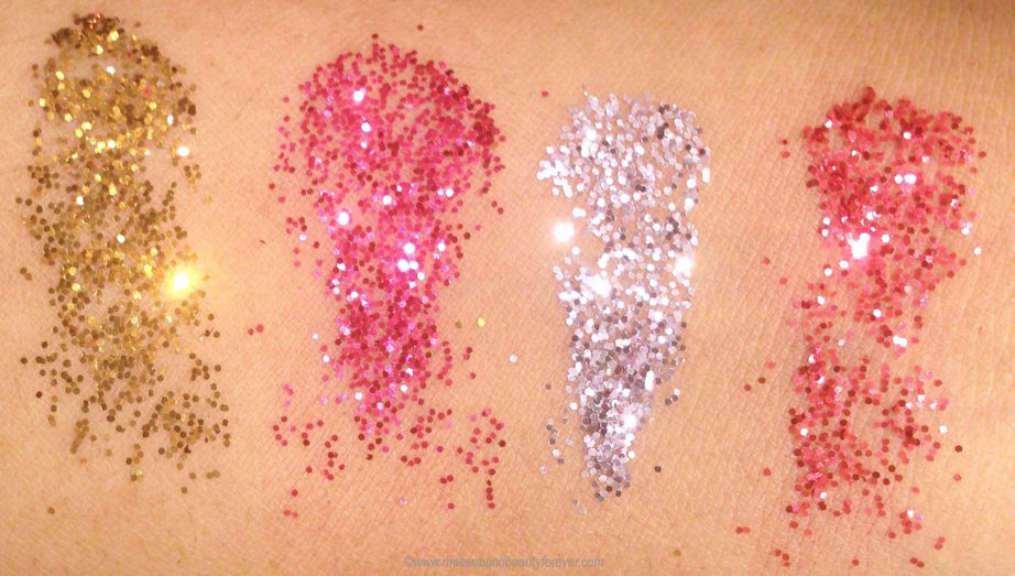 All Colorbar Feel The Rain Twinkling Glitter 4 Shades Review, Swatches Drippy Golden Dewy Silver Muggy Pink Rainy Red MBF