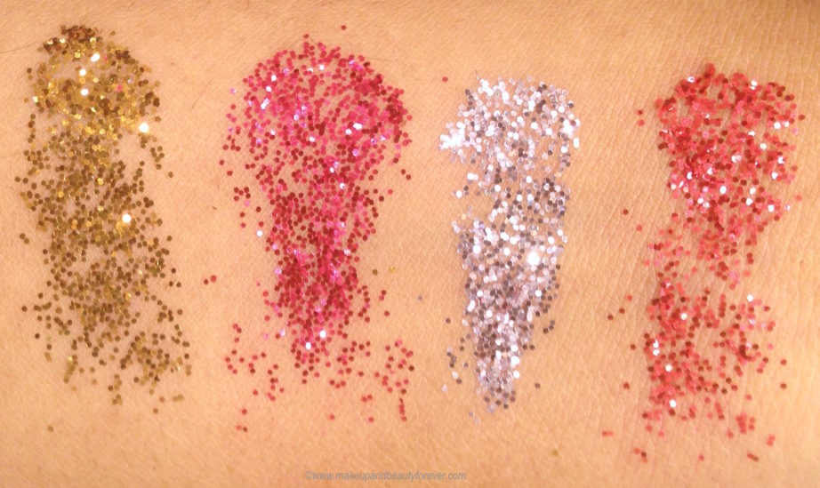 All Colorbar Feel The Rain Twinkling Glitter 4 Shades Review, Swatches Drippy Golden Dewy Silver Muggy Pink Rainy Red MBF Blog