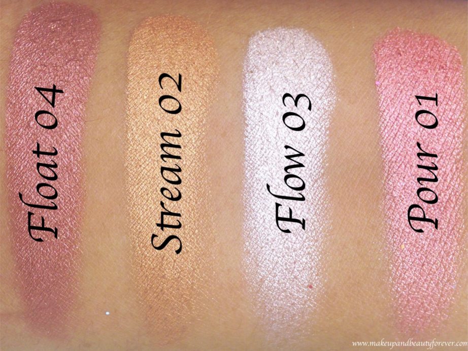 All Colorbar Feel The Rain Metallik Eyeshadows 4 Shades Review, Swatches Pour 01 Stream 02 Flow 03 Float 04