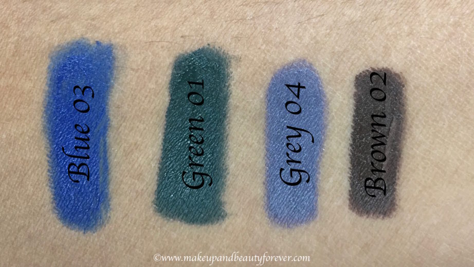 All Faces Ultime Pro Mystic Kajal 4 Shades Review, Swatches Blue 03 Green 01 Grey 04 Brown 02