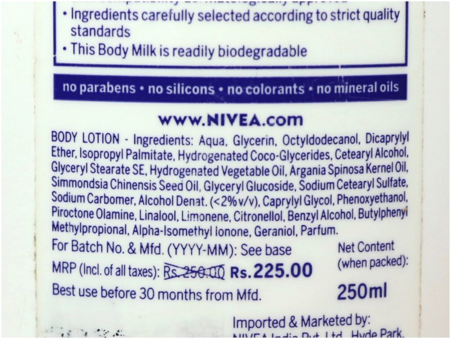 Nivea Oil in Lotion Argan Nourish Body Lotion Review Ingredients