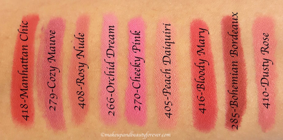 All BeYu Color Biggie MATT Lips and More Lipsticks 9 Shades Review, Swatches 418, 279, 408, 266, 270, 405, 416, 285, 410