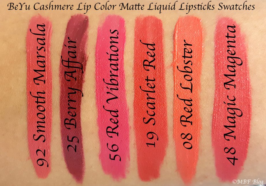 All BeYu Cashmere Lip Color Matte Liquid Lipsticks Shades Review, Swatches 92 Smooth Marsala 25 Berry Affair 56 Red Vibrations 19 Scarlet Red 8 Lobster red 48 magic magenta