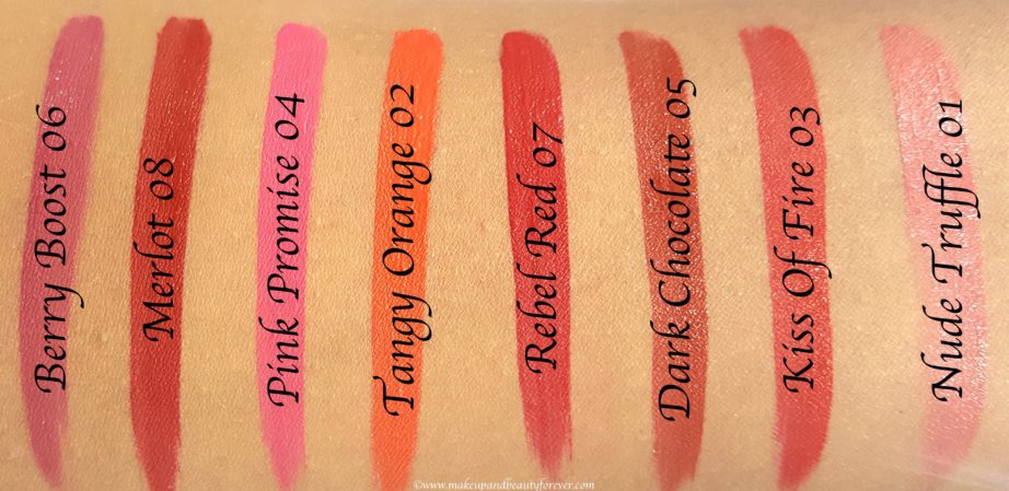 All Faces Ultime Pro Matte Liquid Lipsticks 8 Shades Review, Swatches Nude Truffle 01 Tangy Orange 02 Kiss Fire 03 Pink Promise 04 Dark Chocolate 05 Berry Boost 06 Rebel Red 07 Merlot 08