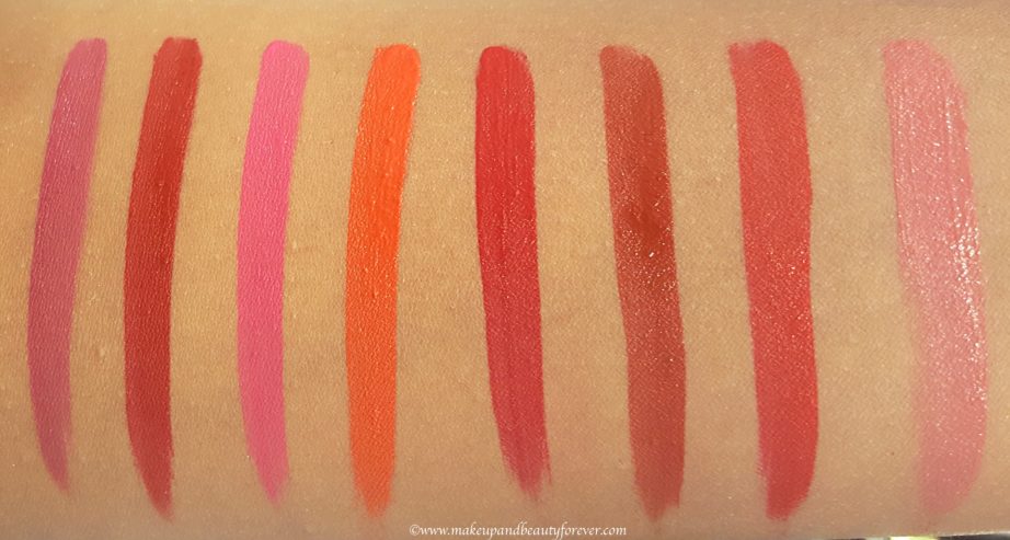 All Faces Ultime Pro Matte Liquid Lipsticks 8 Shades Review, Swatches Nude Truffle 01 Tangy Orange 02 Kiss Of Fire 03 Pink Promise 04 Dark Chocolate 05 Berry Boost 06 Rebel Red 07 Merlot