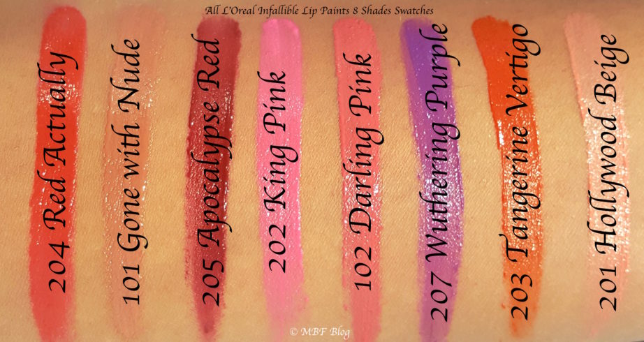 All L'Oreal Infallible Lip Paints 8 Shades Review, Swatches Red Actually Apocalypse Red King Pink Darling Pink Wuthering Purple Tangerine Orange Hollywood Beige